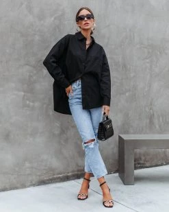 BLU-001 East Coast Cool Relaxed Cotton Button Down Top - Black - SALE