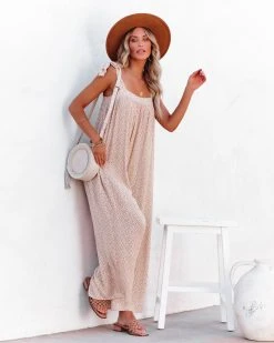 DEE-001 Elisia Pocketed Printed Tie Jumpsuit - Tan - FINAL SALE