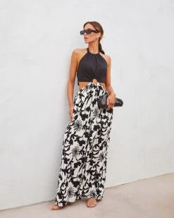 AAKA-001 Emani Cotton Floral Pocketed Wide Leg Jumpsuit - Black/White