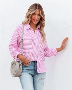 ENTR-001 Embrace The Sun Striped Button Down Top - Pink - FINAL SALE