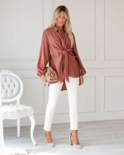 ENDL-001 Everett Tie Front Button Down Tunic - Dark Mauve - FINAL SALE