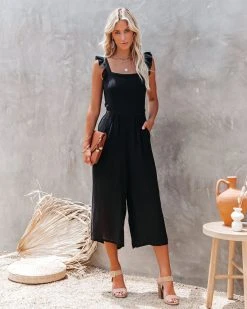 FLAW-001 Fashion Faithful Pocketed Ruffle Tie Back Jumpsuit - Black - FINAL SALE