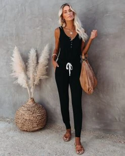 OLIV-001 Forward Pocketed Drawstring Jumpsuit - Black - FINAL SALE