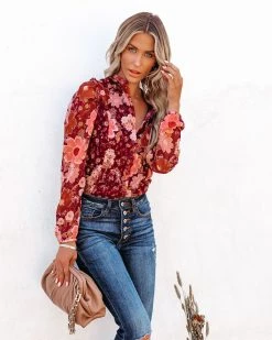 KOKO-001 Four Seasons Floral Shimmer Button Down Blouse - FINAL SALE
