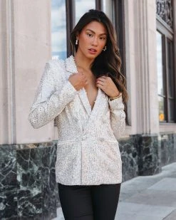 MABL-001 Friday Spotlight Pocketed Sequin Pearl Embellished Blazer - Silver - FINAL SALE
