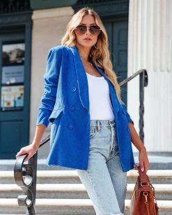 DEE-001 Front Page News Corduroy Pocketed Blazer - Cobalt - FINAL SALE