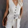 DRES-001 Garner Pocketed Button Down Tie Romper - Natural