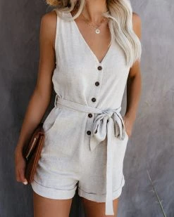 DRES-001 Garner Pocketed Button Down Tie Romper - Natural
