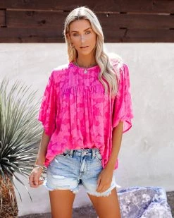 ENC-001 Get Obsessed Floral Textured Babydoll Blouse - Magenta