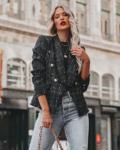 FORE-001 Giovana Pocketed Tweed Blazer - Black - FINAL SALE