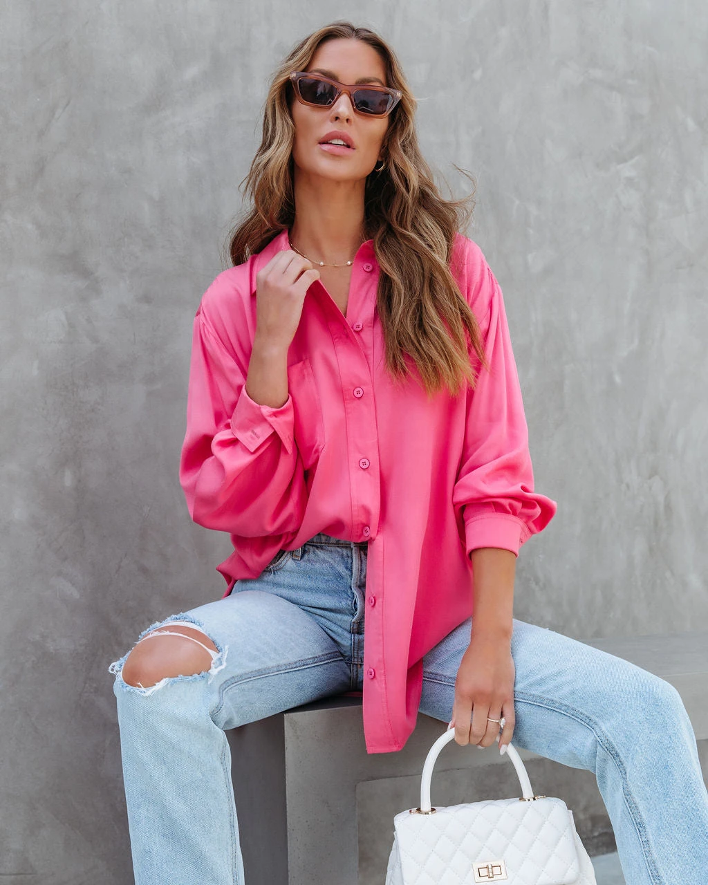 &MER-001 Hailey Relaxed Button Down Tunic - Coral Pink - SALE
