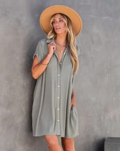 DEE-001 Hamptons Pocketed Button Down Tunic - Olive - LAST CHANCE
