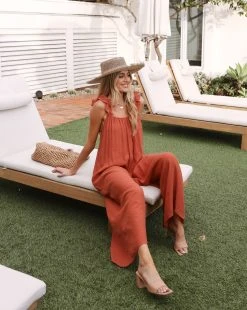 FLAW-001 Ashton Pocketed Ruffle Jumpsuit - Rust - SALE