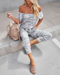 ELAN-001 Hidden Treasure Pocketed Camo Knit Jumpsuit - Light Grey - LAST CHANCE