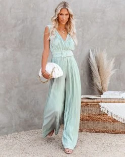 ON T-001 High Tea Pleated Wide Leg Belted Jumpsuit - Sage - FINAL SALE
