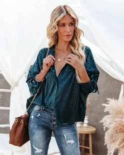 FLAW-001 Hint Satin Leopard Embossed Dolman Blouse - Forest Green - FINAL SALE