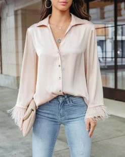 ENTR-001 Hollywood Nights Satin Feather Trim Button Up Blouse - Ivory - FINAL SALE