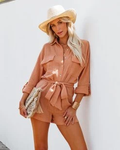 OLIV-001 Hotel California Cotton Button Down Utility Romper - Clay - LAST CHANCE