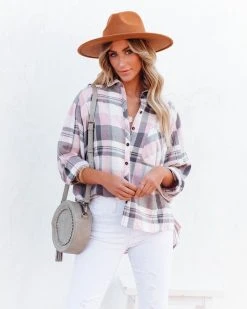 FLAW-001 Huckson Cotton Plaid Button Down Top - Pink Grey - FINAL SALE