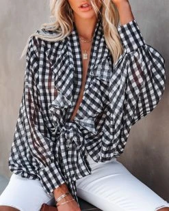 MIOU-001 Huntsville Gingham Ruffle Tie Blouse - FINAL SALE