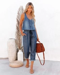 LOVE-003 Jana Pocketed Tencel Drawstring Jumpsuit - Dark Wash - LAST CHANCE