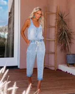 LOVE-003 Jana Pocketed Tencel Drawstring Jumpsuit - Light Wash - FINAL SALE