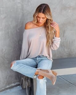 FLAW-001 Jenna Boat Neck Long Sleeve Top - Mocha - FINAL SALE