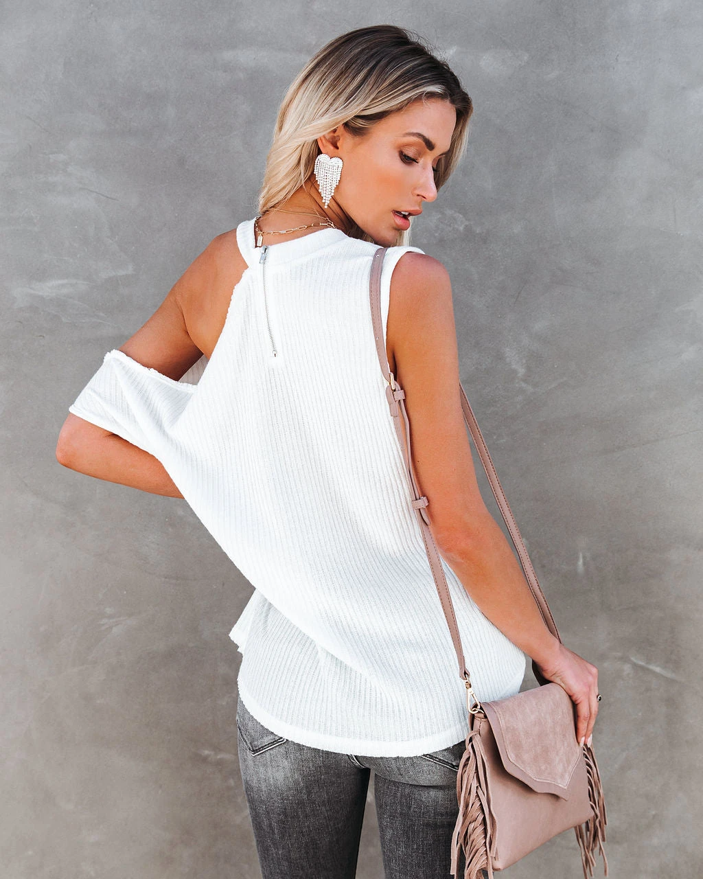 POL-001 Just For Kicks Ribbed Cold Shoulder Knit Top - Ivory - FINAL SALE - Image 2