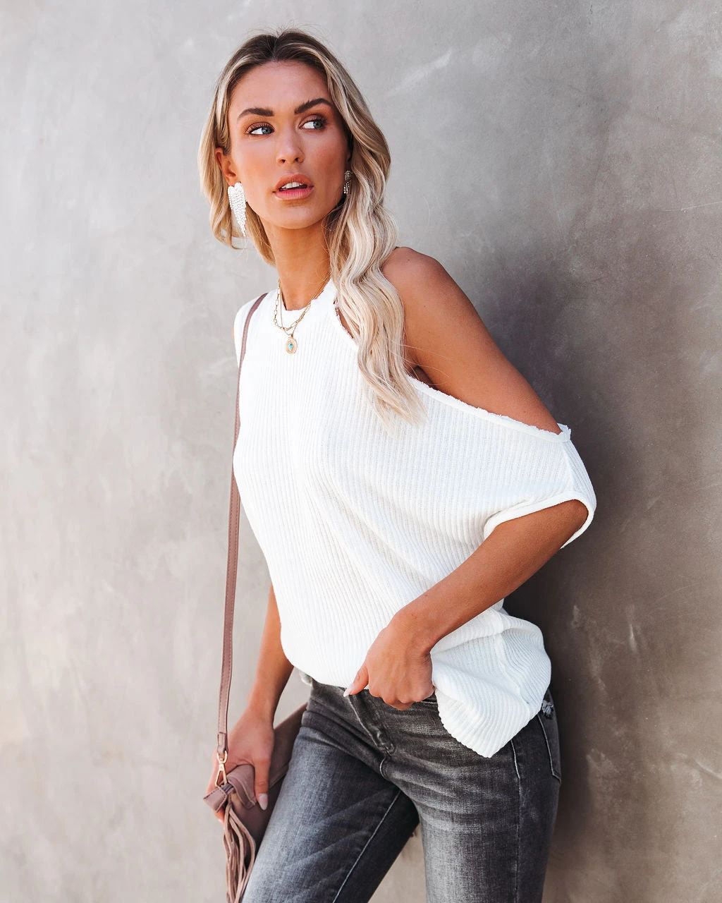 POL-001 Just For Kicks Ribbed Cold Shoulder Knit Top - Ivory - FINAL SALE - Image 7
