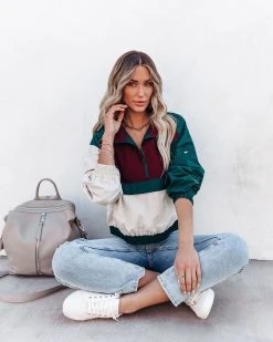 DEE-001 Kait Colorblock Half Zip Pullover - Burgundy - FINAL SALE