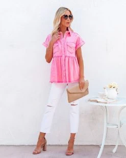 ENTR-001 Kapri Cotton Button Down Babydoll Top - Pink - FINAL SALE
