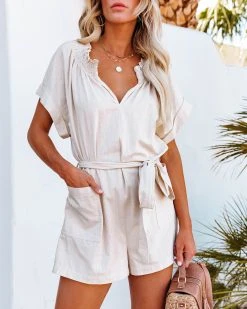 MUST-001 Kathryn Cotton Pocketed Tie Romper - Natural - FINAL SALE