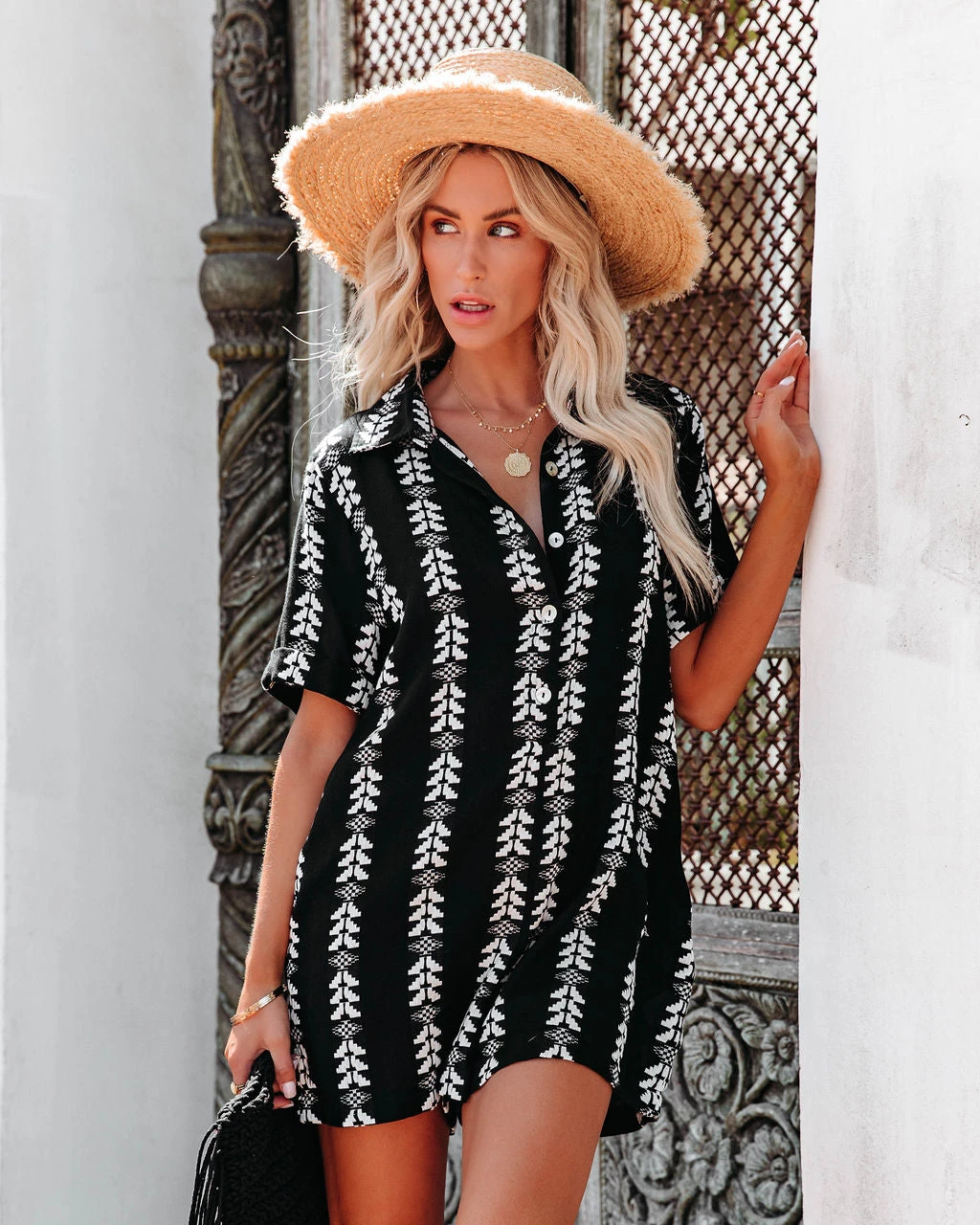 ELAN-001 Keanu Cotton Pocketed Embroidered Button Down Romper - Black - LAST CHANCE - Image 5