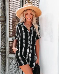 ELAN-001 Keanu Cotton Pocketed Embroidered Button Down Romper - Black - LAST CHANCE