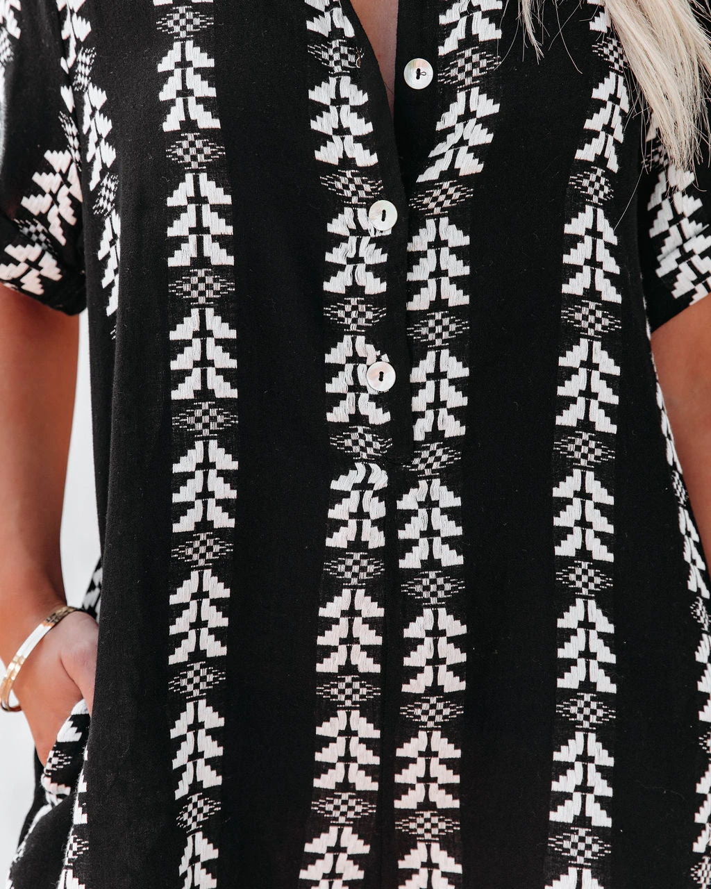 ELAN-001 Keanu Cotton Pocketed Embroidered Button Down Romper - Black - LAST CHANCE - Image 4