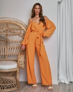 SKYL-002 Key West Off The Shoulder Wide Leg Jumpsuit - Tangerine - SALE