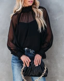 BLU-001 Knightly Ruffle Neck Chiffon Blouse - Black - FINAL SALE