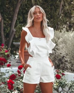 DO+B-001 La Sangria Pocketed Denim Romper - White - FINAL SALE