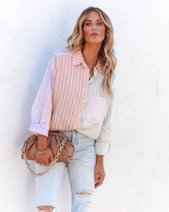 SKYL-002 Lauren Cotton Linen Colorblock Button Down Top - FINAL SALE