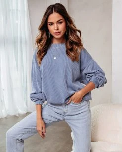 BUCK-001 Leah Ribbed Long Sleeve Top - Blue - SALE