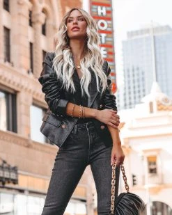 FATE-001 Lenny Pocketed Faux Leather Blazer - Black - FINAL SALE