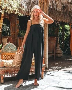 FLAW-001 Live With Sunshine Linen Blend Pocketed Jumpsuit - Black - SALE