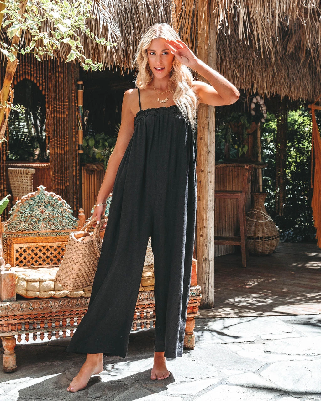 FLAW-001 Live With Sunshine Linen Blend Pocketed Jumpsuit - Black - SALE