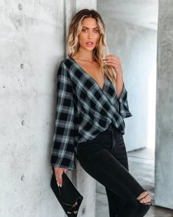 ENC-001 Lonzo Cotton Plaid Bell Sleeve Top - Black - FINAL SALE