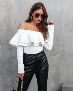 ENDL-001 Love At First Glance Off The Shoulder Ruffle Top - White - FINAL SALE