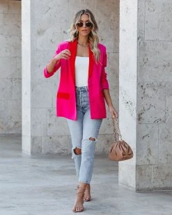 STRU-001 Love Notes Pocketed Colorblock Blazer - Fuchsia Red - SALE