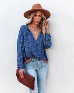 OLIV-001 Luana Printed Peasant Top - Blue - FINAL SALE
