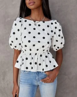 IDEM-001 Madrid Cotton Polka Dot Puff Sleeve Peplum Top