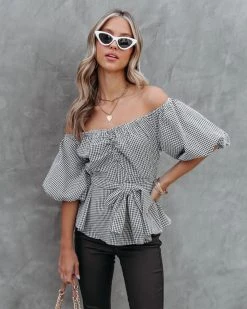 ANDR-001 Marbella Gingham Cotton Blend Puff Sleeve Top - Black/White - SALE