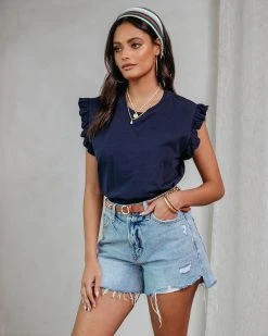 FLAW-001 Matias Cotton Flutter Sleeve Top - Navy - SALE